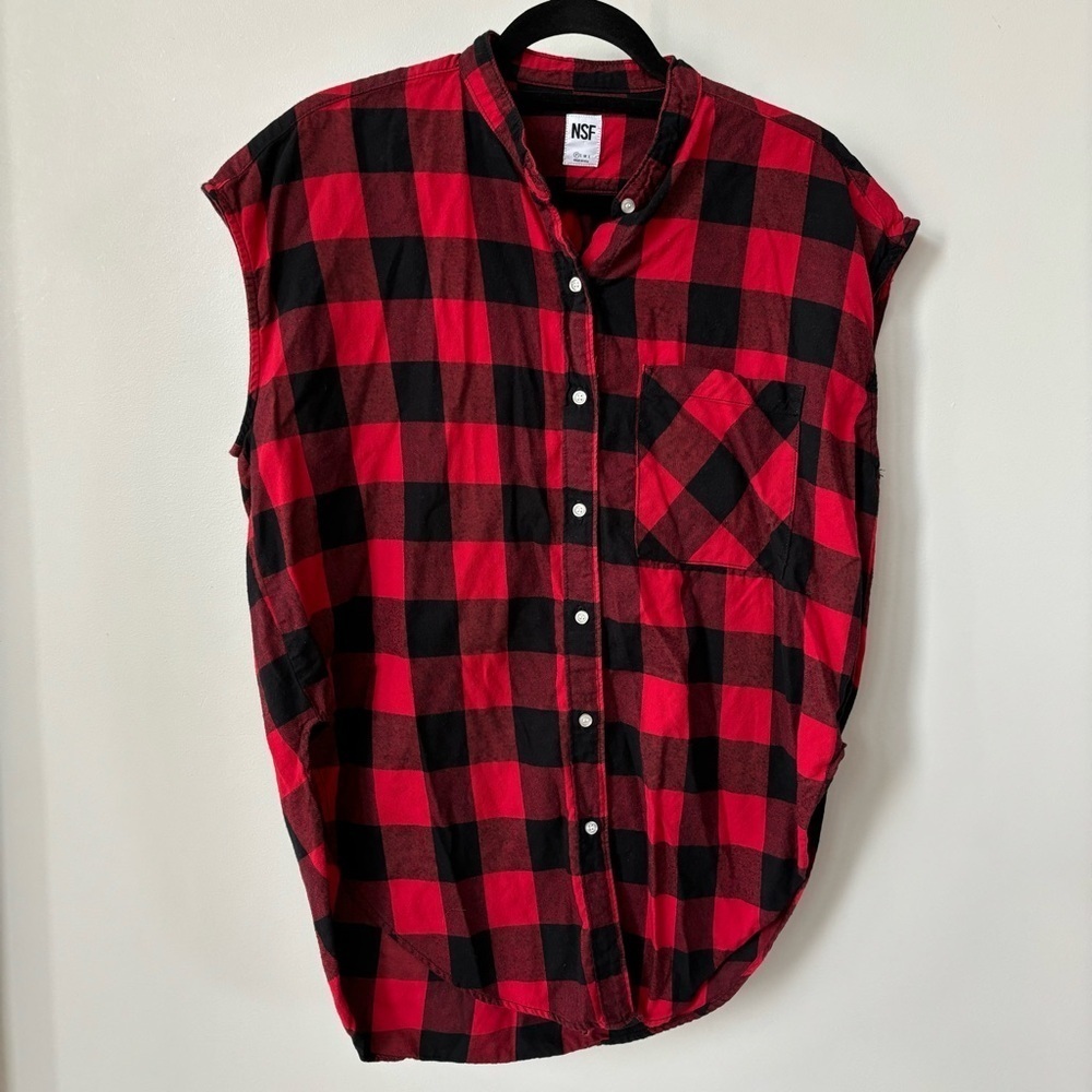 NSF Red & Black‎ Buffalo Plaid Sleeveless Button Down Flannel Shirt Size XS